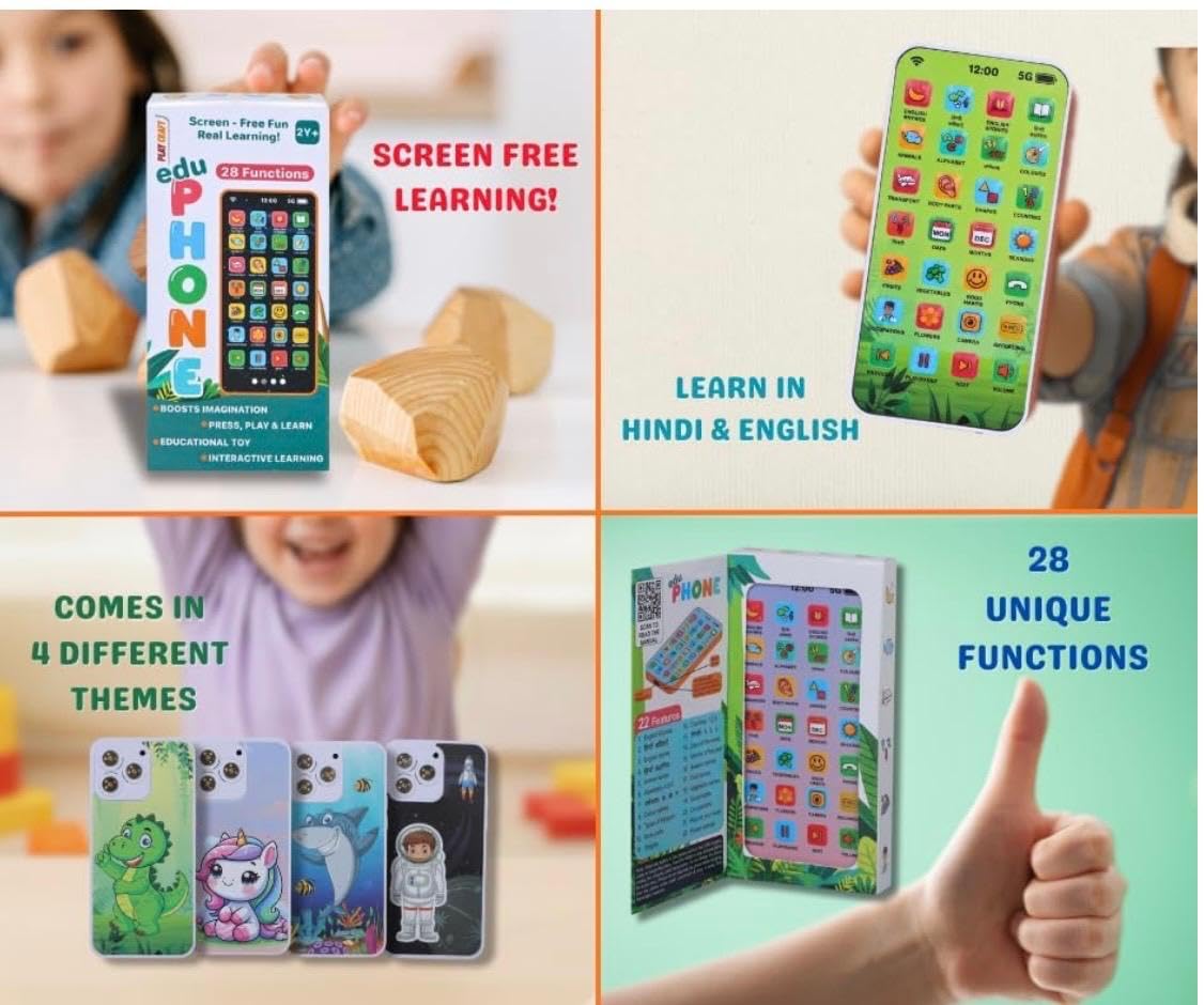 Play Craft EduPhone Educational Type-C Rechargeable Musical Toy 28 Functions, Alphabet, Numbers, Varnmala, Animal Sounds, Nursery Rhymes in English & Hindi