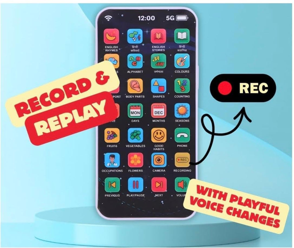 Play Craft EduPhone Educational Type-C Rechargeable Musical Toy 28 Functions, Alphabet, Numbers, Varnmala, Animal Sounds, Nursery Rhymes in English & Hindi