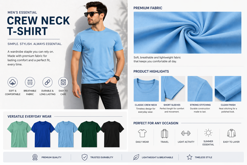 Round Neck T-Shirt Half Sleeves pack of 3 (Random Color)