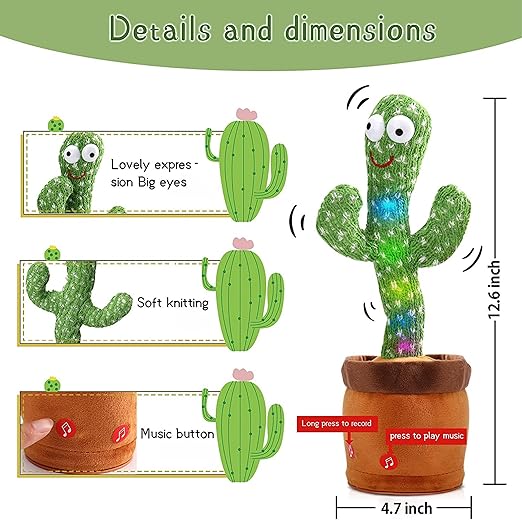Dancing Cactus Toy, Cactus Talking Toy for Baby, Wriggle Singing Cactus Repeats What You Say, Soft Plush Talking Toys for Kids