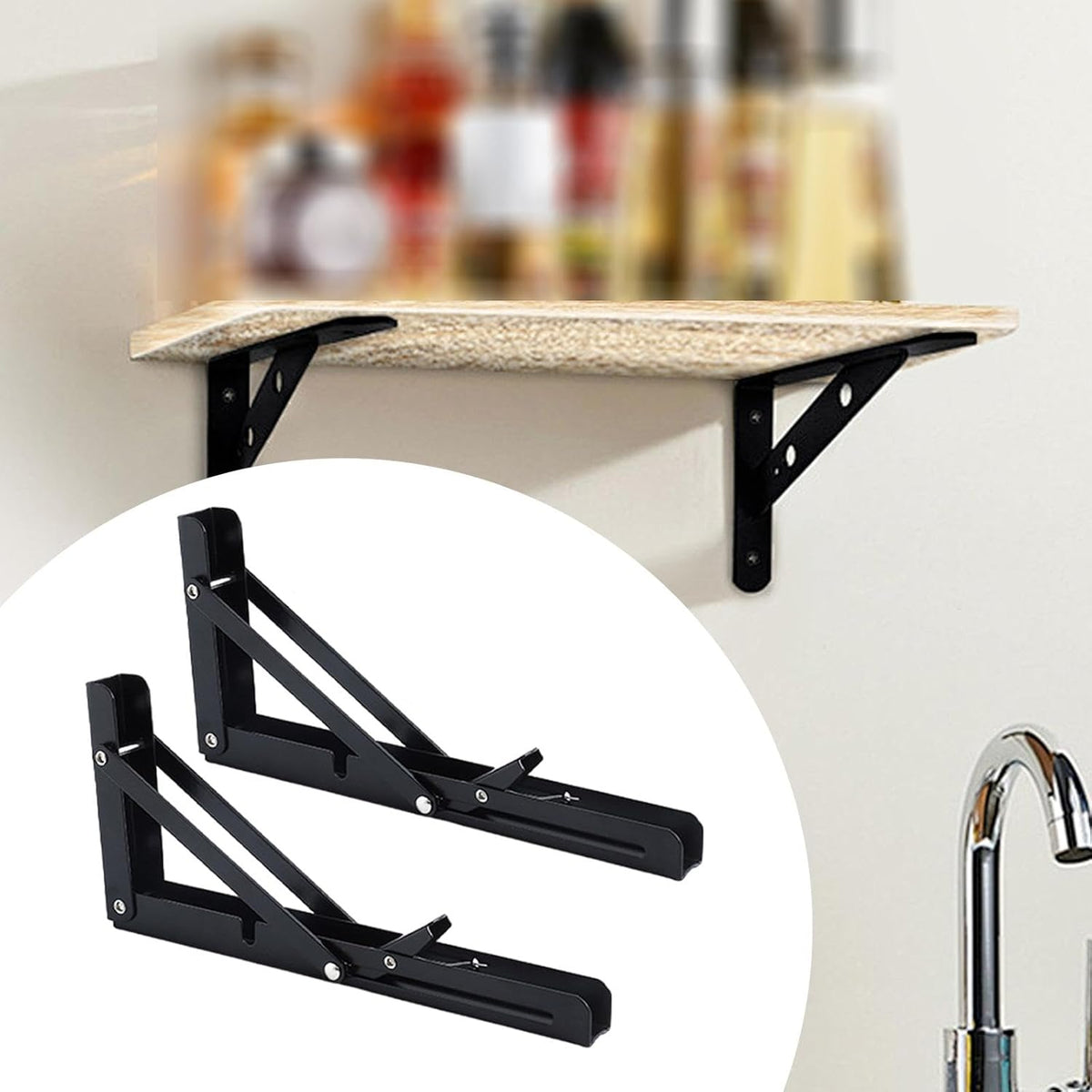 2Pcs Folding Shelf Brackets Wall Mounted Hardware Heavy Duty for Bench Table Black