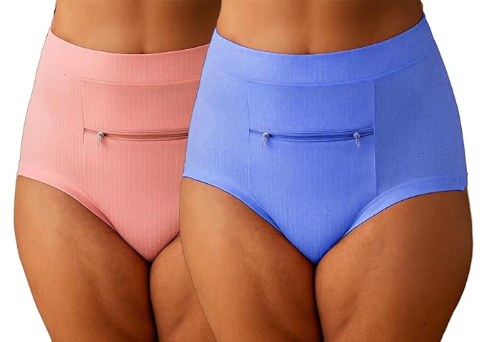 Women's Cotton Zipper Panty Boyshorts with Front Chain Pocket Full Coverage Hipster Panty Everyday Brief Panties (Pack of 2)(random color)