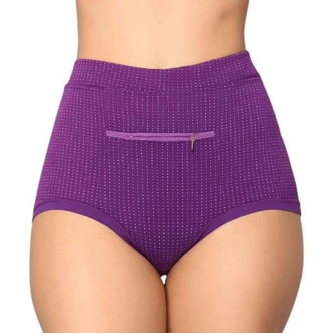 Women's Cotton Zipper Panty Boyshorts with Front Chain Pocket Full Coverage Hipster Panty Everyday Brief Panties (Pack of 2)(random color)