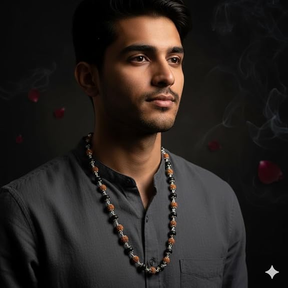BharatYug Silver Plated Elegant Rudraksha And Karungali Mala With Certification