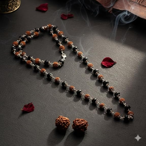 BharatYug Silver Plated Elegant Rudraksha And Karungali Mala With Certification