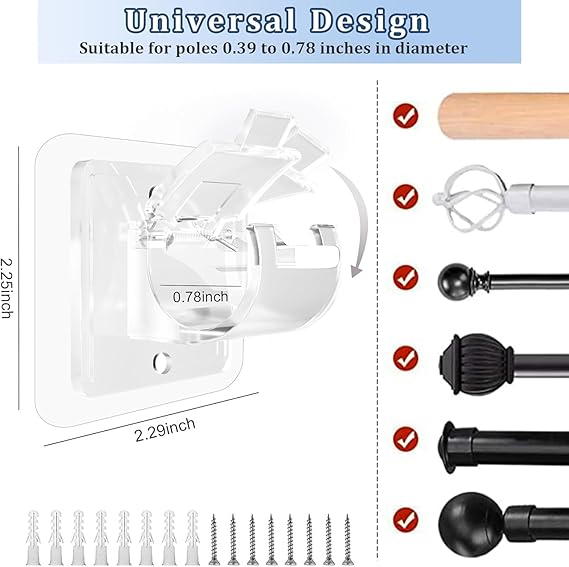 8pcs No Drill Curtain Rod Brackets Self Adhesive Curtain Rod Holder Hooks Nail Free Adjustable