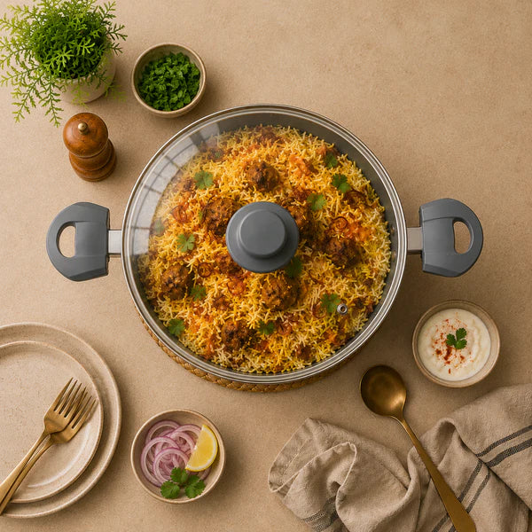 Grey Non-Stick Biryani Pan with Glass Lid