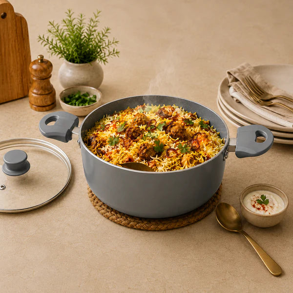 Grey Non-Stick Biryani Pan with Glass Lid