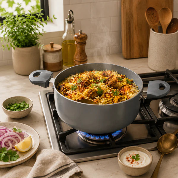 Grey Non-Stick Biryani Pan with Glass Lid