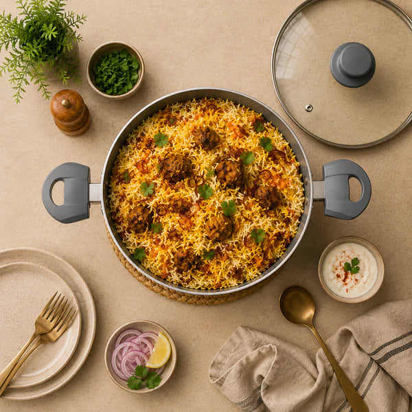 Grey Non-Stick Biryani Pan with Glass Lid