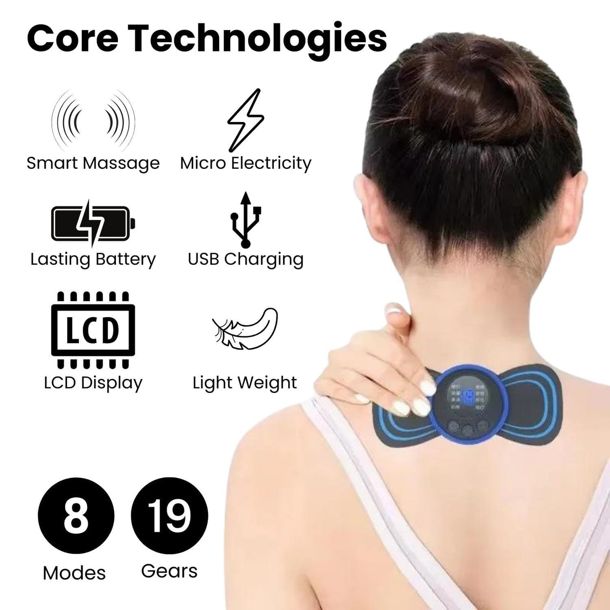 Butterfly Massager Machine for Pain Relief, Rechargeable Full Body TENS Massager with 8 Modes 19 Levels Wireless Vibration Machine