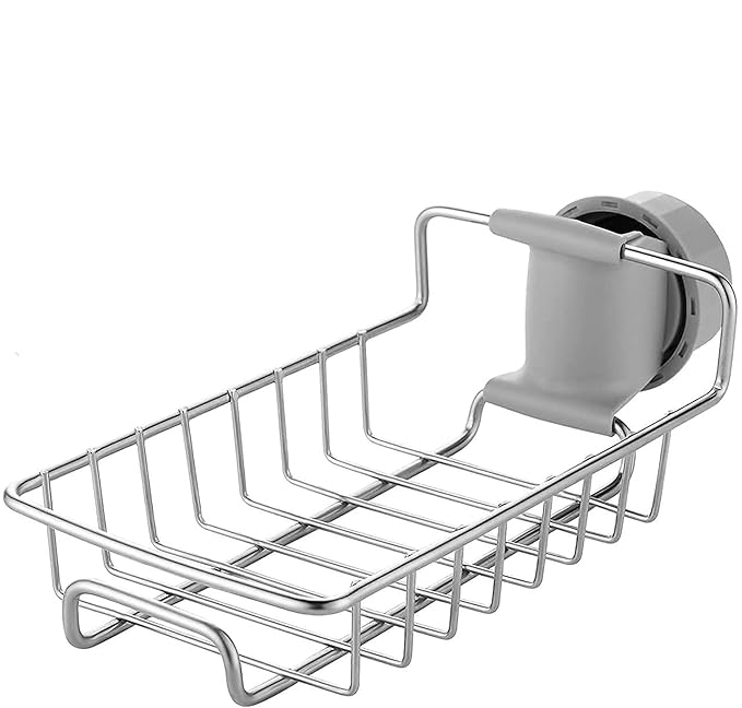 Kitchen Sink Faucet Sponge Holder – Stainless Steel Caddy Organizer Rack for Soap, Scrubbers – No Drilling Hanging Storage