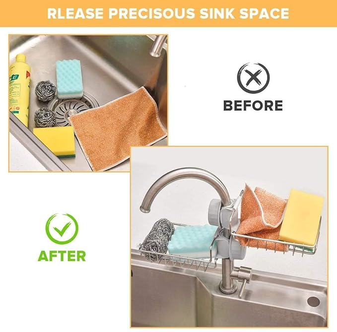 Kitchen Sink Faucet Sponge Holder – Stainless Steel Caddy Organizer Rack for Soap, Scrubbers – No Drilling Hanging Storage