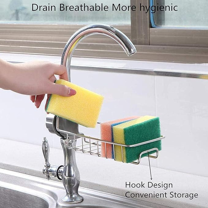 Kitchen Sink Faucet Sponge Holder – Stainless Steel Caddy Organizer Rack for Soap, Scrubbers – No Drilling Hanging Storage