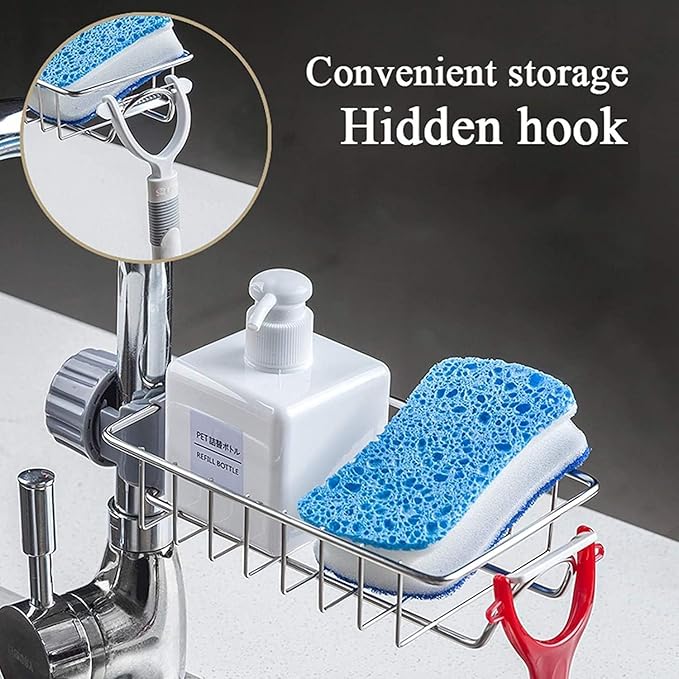 Kitchen Sink Faucet Sponge Holder – Stainless Steel Caddy Organizer Rack for Soap, Scrubbers – No Drilling Hanging Storage