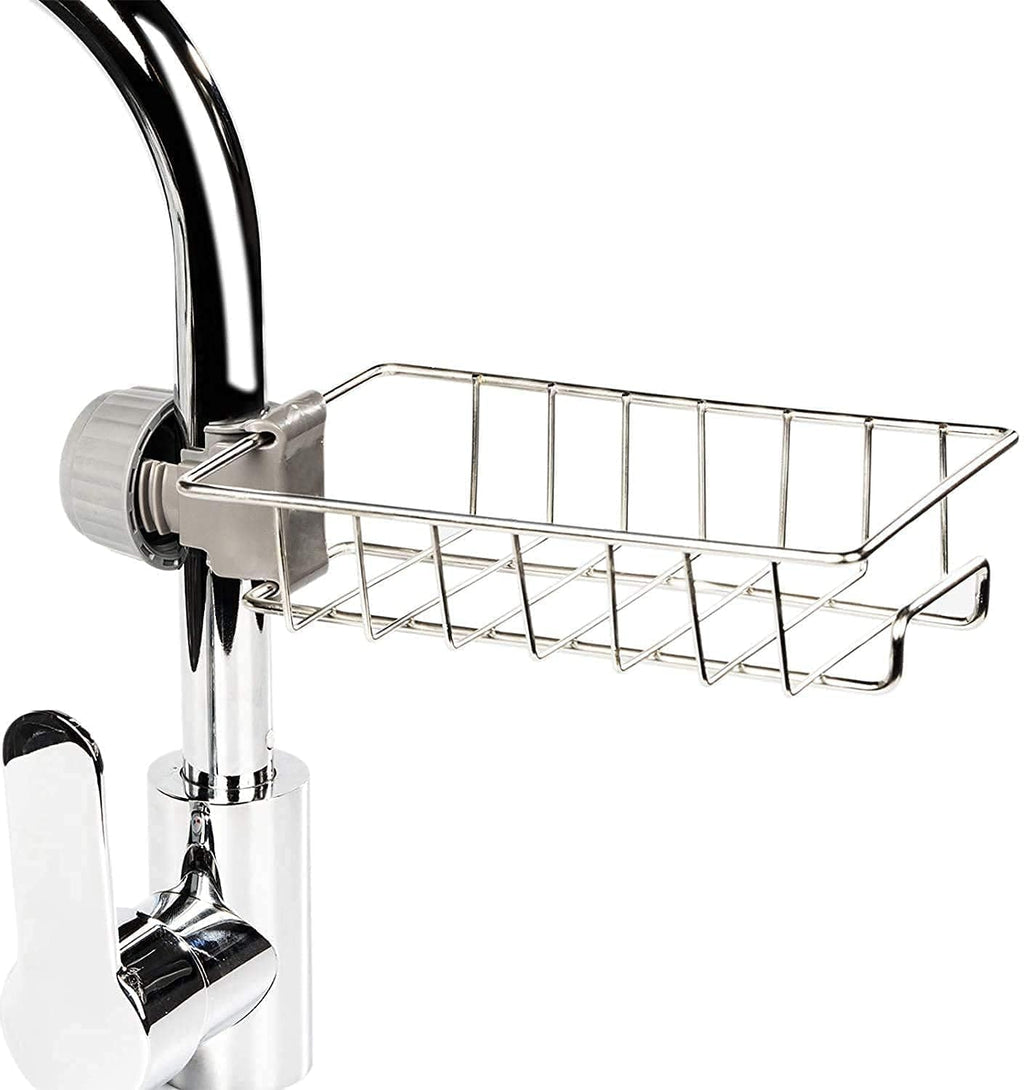 Kitchen Sink Faucet Sponge Holder – Stainless Steel Caddy Organizer Rack for Soap, Scrubbers – No Drilling Hanging Storage
