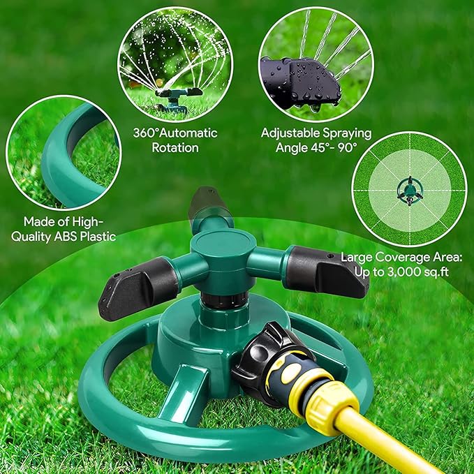 Automatic 360° Lawn Sprinkler 3 Arm 4 Nozzle for Watering Garden Plants/Pipe Hose Irrigation Yard Water Sprayer