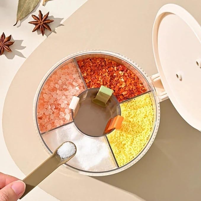 4-in-1 Spice Storage Box, Multi-Compartment Seasoning Container Organiser, Airtight Sealed Salt Pepper Dispenser for Home Cooking