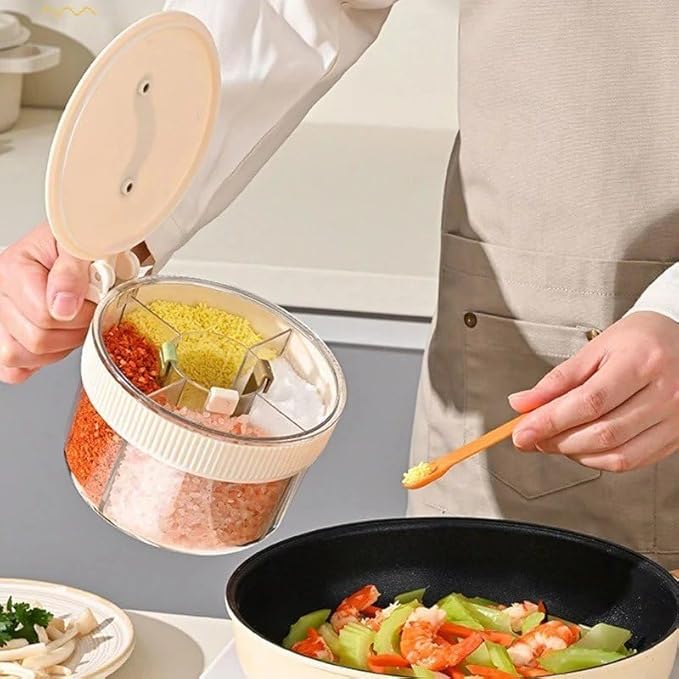 4-in-1 Spice Storage Box, Multi-Compartment Seasoning Container Organiser, Airtight Sealed Salt Pepper Dispenser for Home Cooking