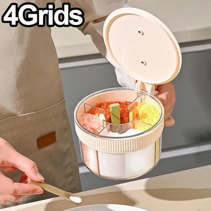 4-in-1 Spice Storage Box, Multi-Compartment Seasoning Container Organiser, Airtight Sealed Salt Pepper Dispenser for Home Cooking