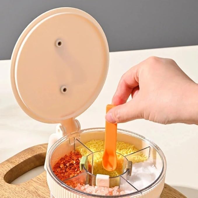 4-in-1 Spice Storage Box, Multi-Compartment Seasoning Container Organiser, Airtight Sealed Salt Pepper Dispenser for Home Cooking