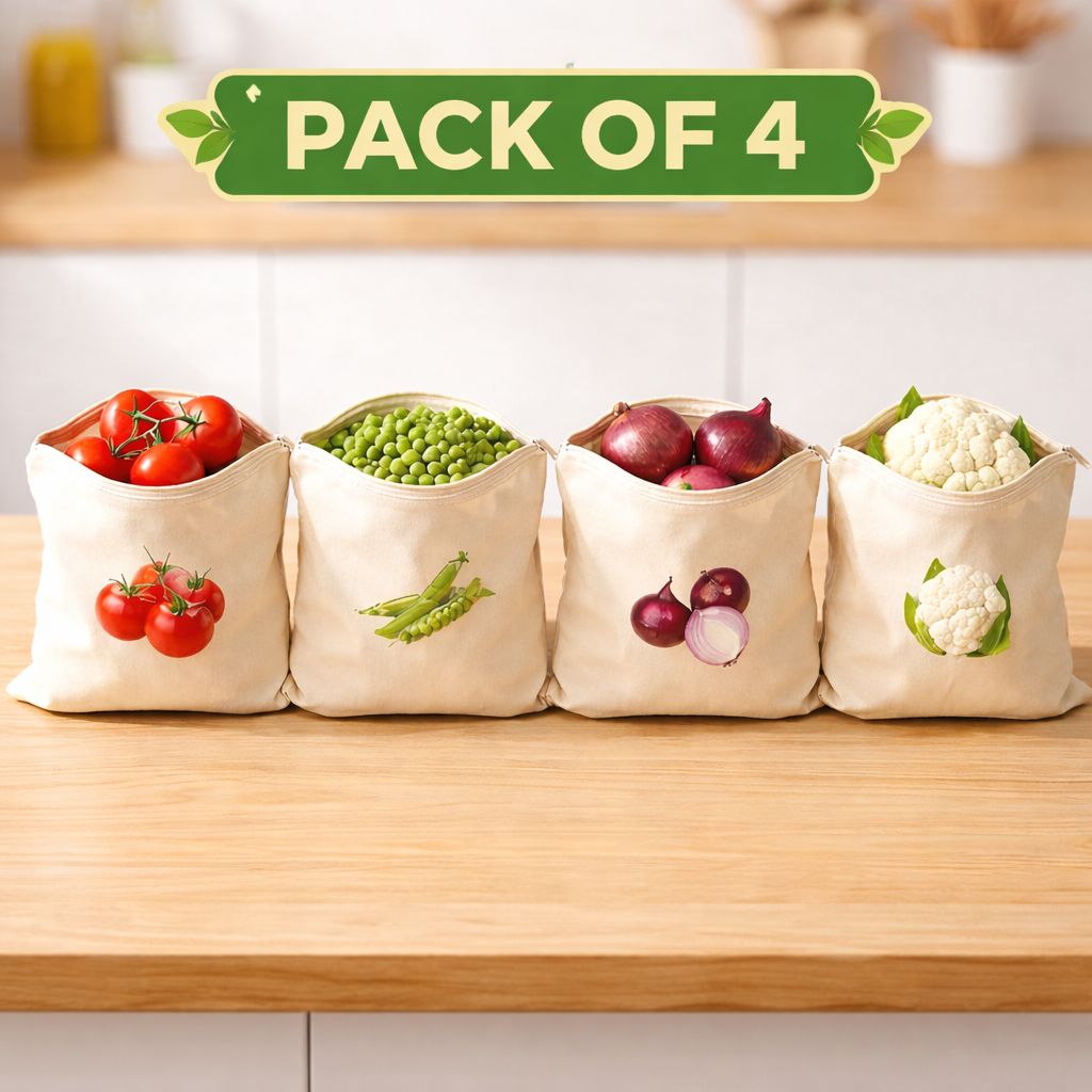 Reusable Cotton Vegetable Storage Bags for Fridge PACK OF 4