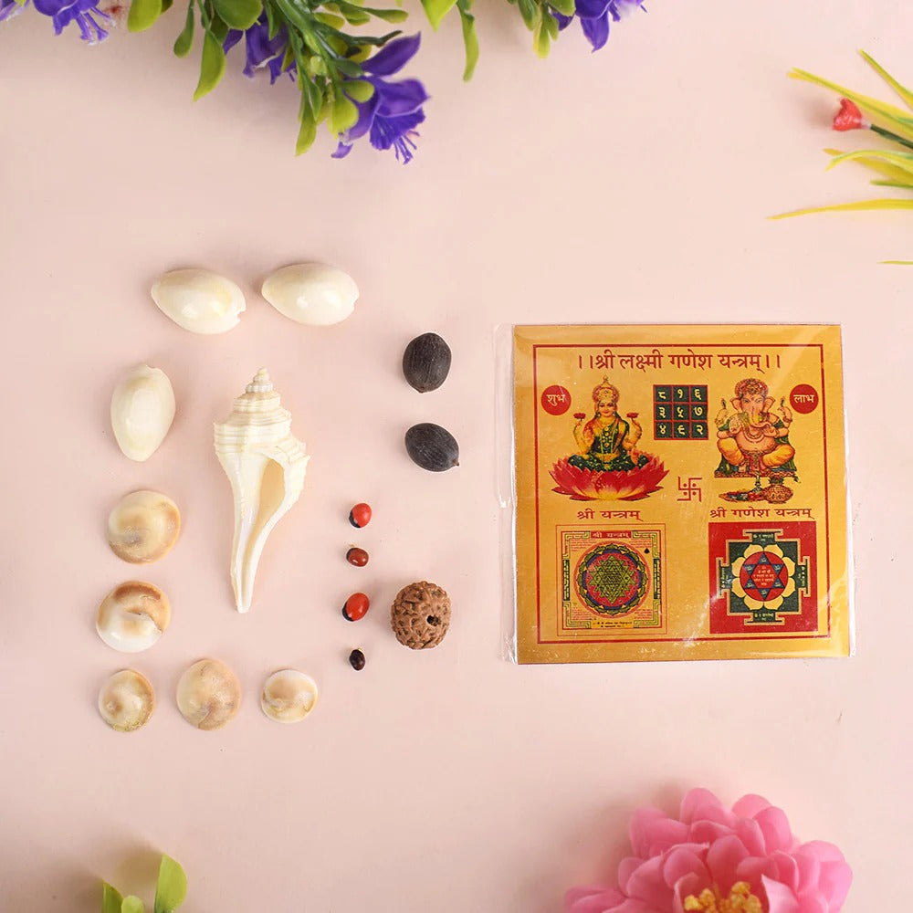 Spiritual Pooja Lakshmi Ganesh Yantra Set with Kamal Seeds, Gomati Chakra, 5 Mukhi Rudraksha, Gunja Ratti, Kauri & Small Shankh