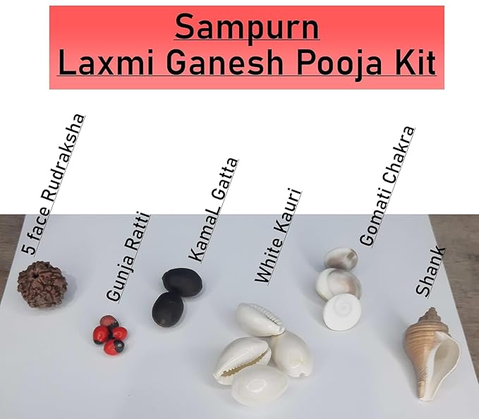 Spiritual Pooja Lakshmi Ganesh Yantra Set with Kamal Seeds, Gomati Chakra, 5 Mukhi Rudraksha, Gunja Ratti, Kauri & Small Shankh