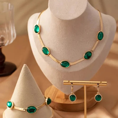 Oval Green Crystal Necklace Set with Bracelet