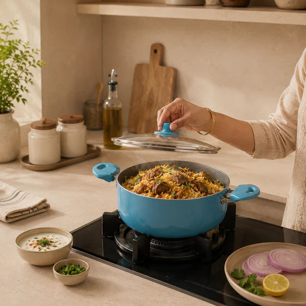 Aqua Blue Non-Stick Biryani Pan with Glass Lid | Deep Cooking Kadhai for Indian Kitchens