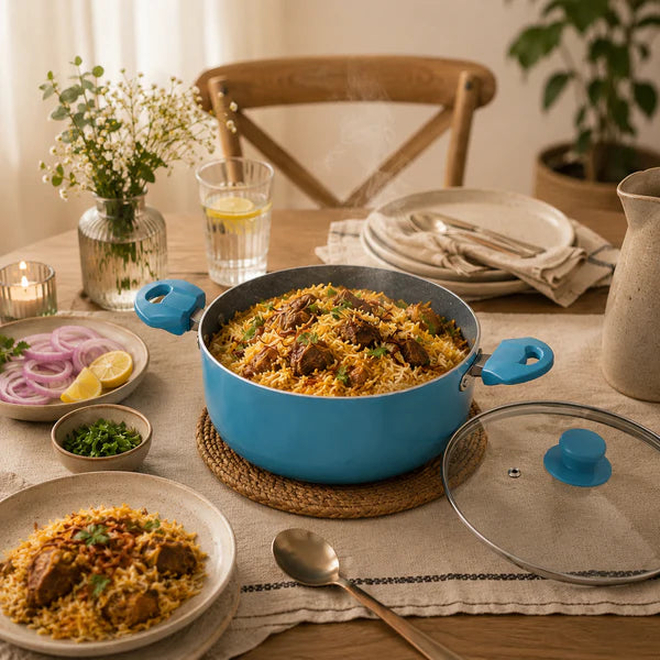 Aqua Blue Non-Stick Biryani Pan with Glass Lid | Deep Cooking Kadhai for Indian Kitchens