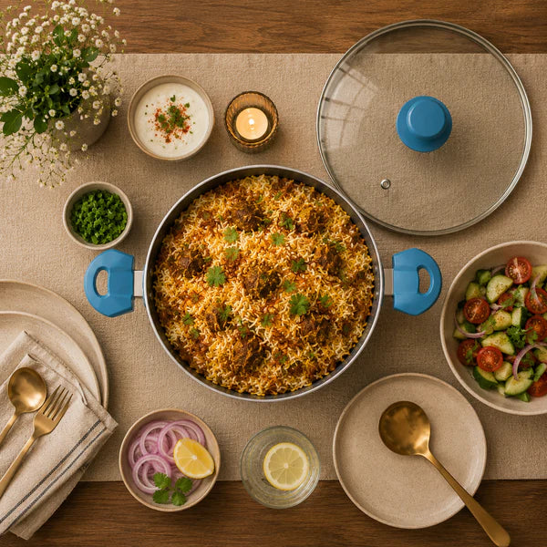 Aqua Blue Non-Stick Biryani Pan with Glass Lid | Deep Cooking Kadhai for Indian Kitchens