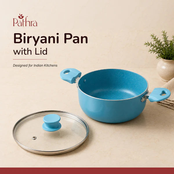 Aqua Blue Non-Stick Biryani Pan with Glass Lid | Deep Cooking Kadhai for Indian Kitchens