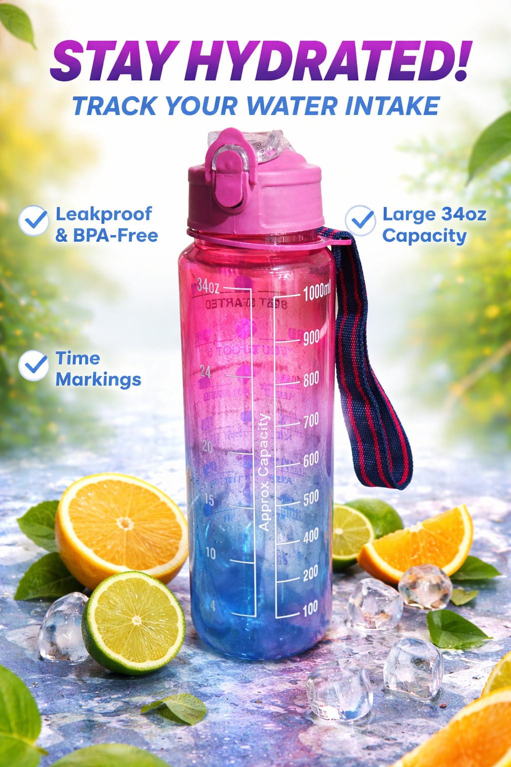 Bottle For Adults With Time Measurement Non-Toxic Water bottle for office,Water bottle for gym (Multi Colour) PACK OF 1