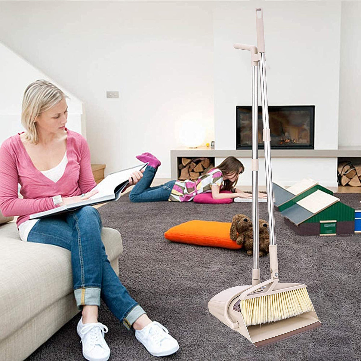Broom and Dustpan Set, Long Handled Broom Dustpan Combo(MULTICOLOR)