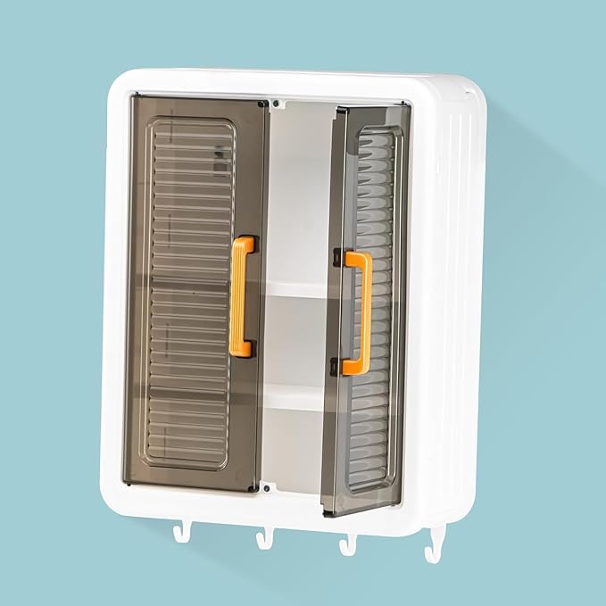 Wall Mounted Bathroom Cabinet Organizer with Doors, Organiser Without Drill, Hooks & Shelves