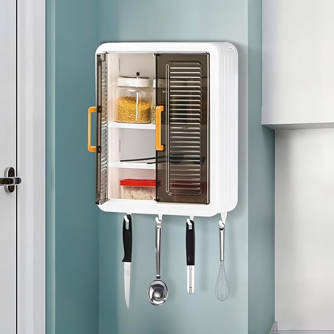 Wall Mounted Bathroom Cabinet Organizer with Doors, Organiser Without Drill, Hooks & Shelves