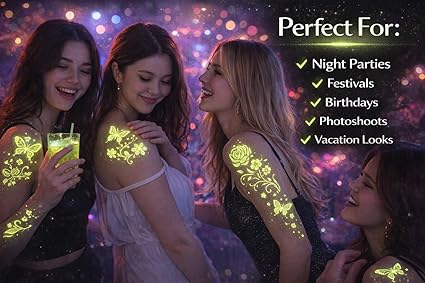 Glow in the Dark Temporary Tattoos for Women & Girls, Waterproof Luminous Tattoo Stickers pack of 2