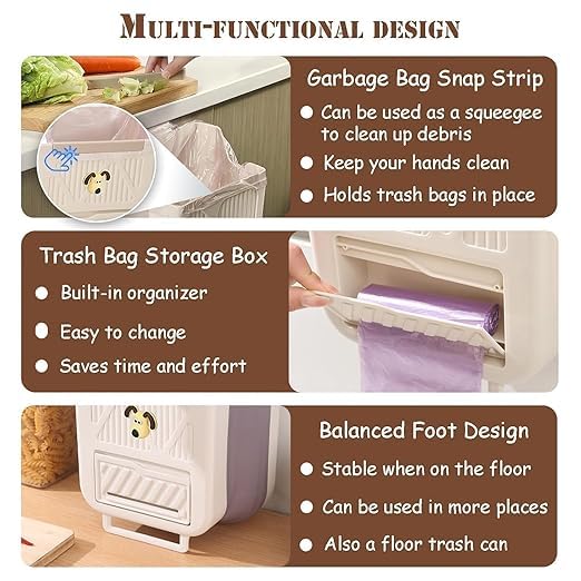 Plastic Hanging Trash Can With Lid, Double-Sided Open Design, Cabinet Door Hanging Wall Storage Bucket for Kitchen