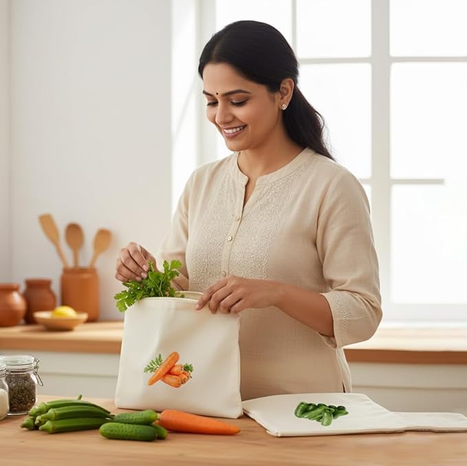Reusable Cotton Vegetable Storage Bags for Fridge PACK OF 4