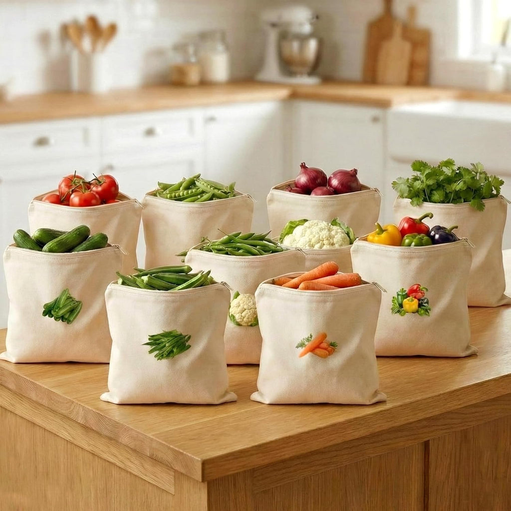 Reusable Cotton Vegetable Storage Bags for Fridge PACK OF 4