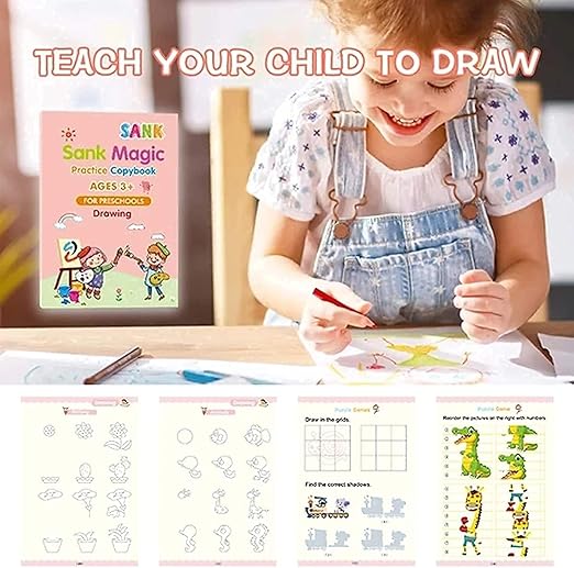 Magic Calligraphy Copybook Set Writing Tool for Kids (4 BOOKS,1 PEN, 1 GRIP, 10 REFILL)