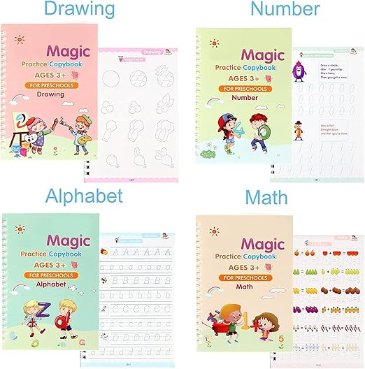 Magic Calligraphy Copybook Set Writing Tool for Kids (4 BOOKS,1 PEN, 1 GRIP, 10 REFILL)