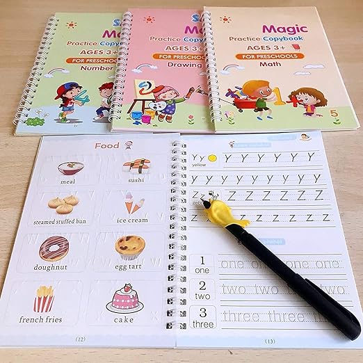 Magic Calligraphy Copybook Set Writing Tool for Kids (4 BOOKS,1 PEN, 1 GRIP, 10 REFILL)