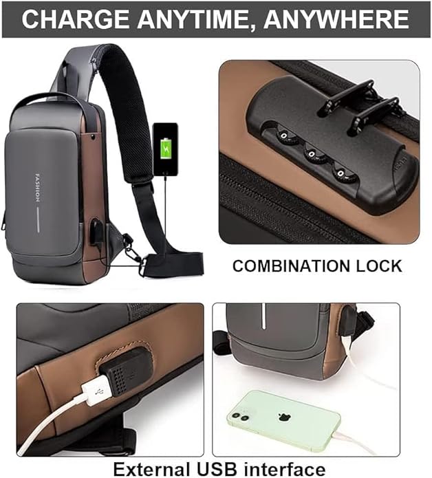 Multifunction Waterproff Sling Bag, USB Charging Sport Sling Anti-Theft Shoulder Bags