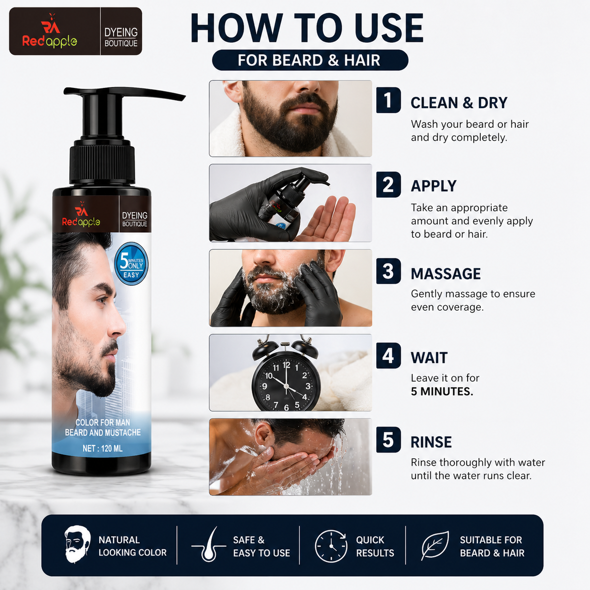 Men's Hair Mustache & Beard Dye for Gray Hair Coverage - Natural Black Color in 5 Minutes, Easy Application Shampoo for Facial Hair 120ml each pack of2