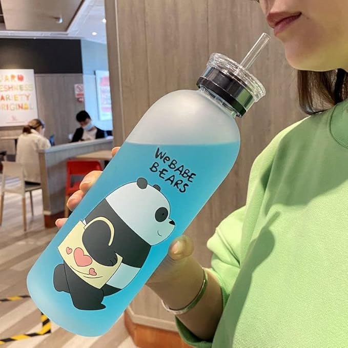 Plastic Cute Bear Straw Water Bottle, 1000 ml, White, Frosted, Portable Sports Bottle for Girls