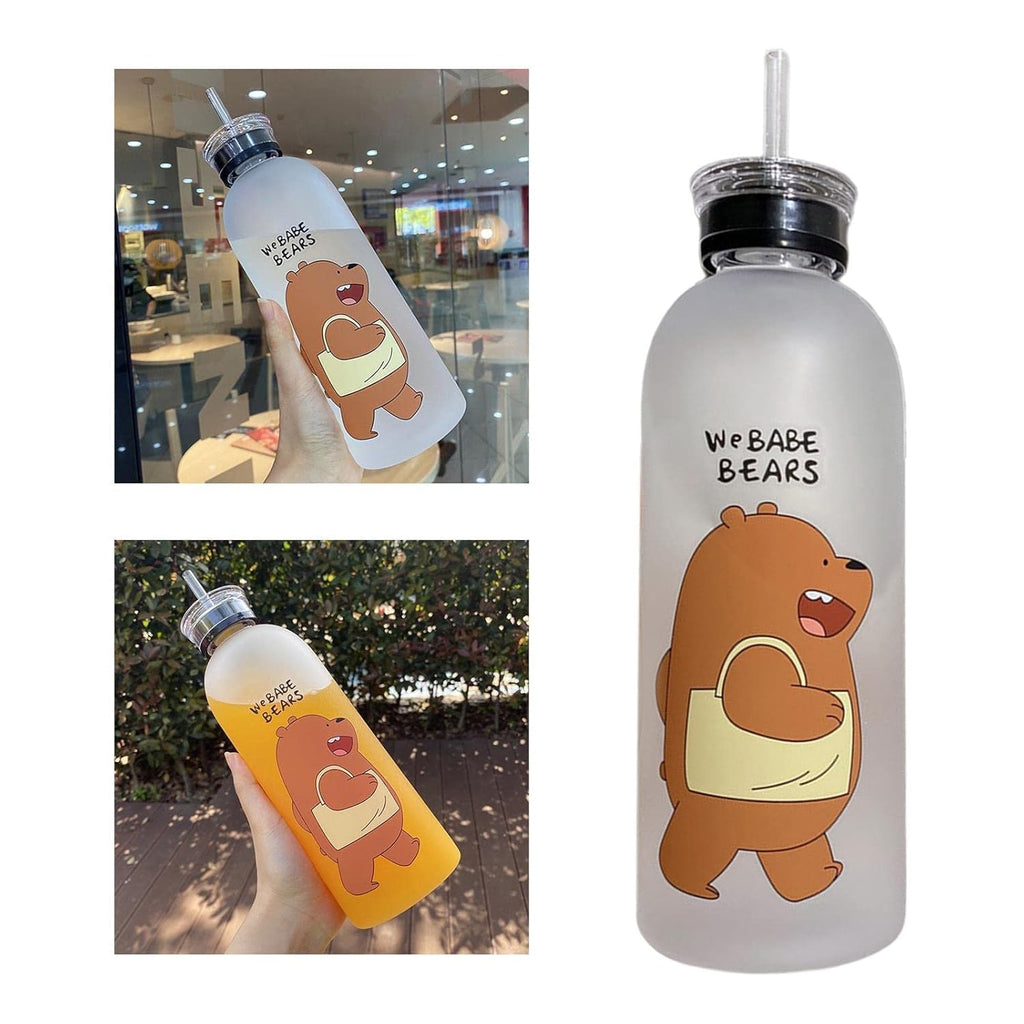 Plastic Cute Bear Straw Water Bottle, 1000 ml, White, Frosted, Portable Sports Bottle for Girls