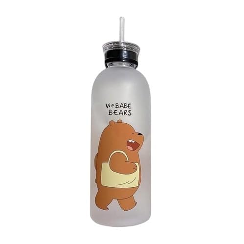 Plastic Cute Bear Straw Water Bottle, 1000 ml, White, Frosted, Portable Sports Bottle for Girls