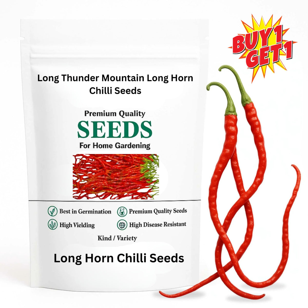 Buy 1 Get 1 Free Chilli 1 Feet Long Thunder Mountain Long Horn Chilli Seeds,Spicy Peppers, Ideal for Year-Round Harvest, Indoor/Outdoor Gardens